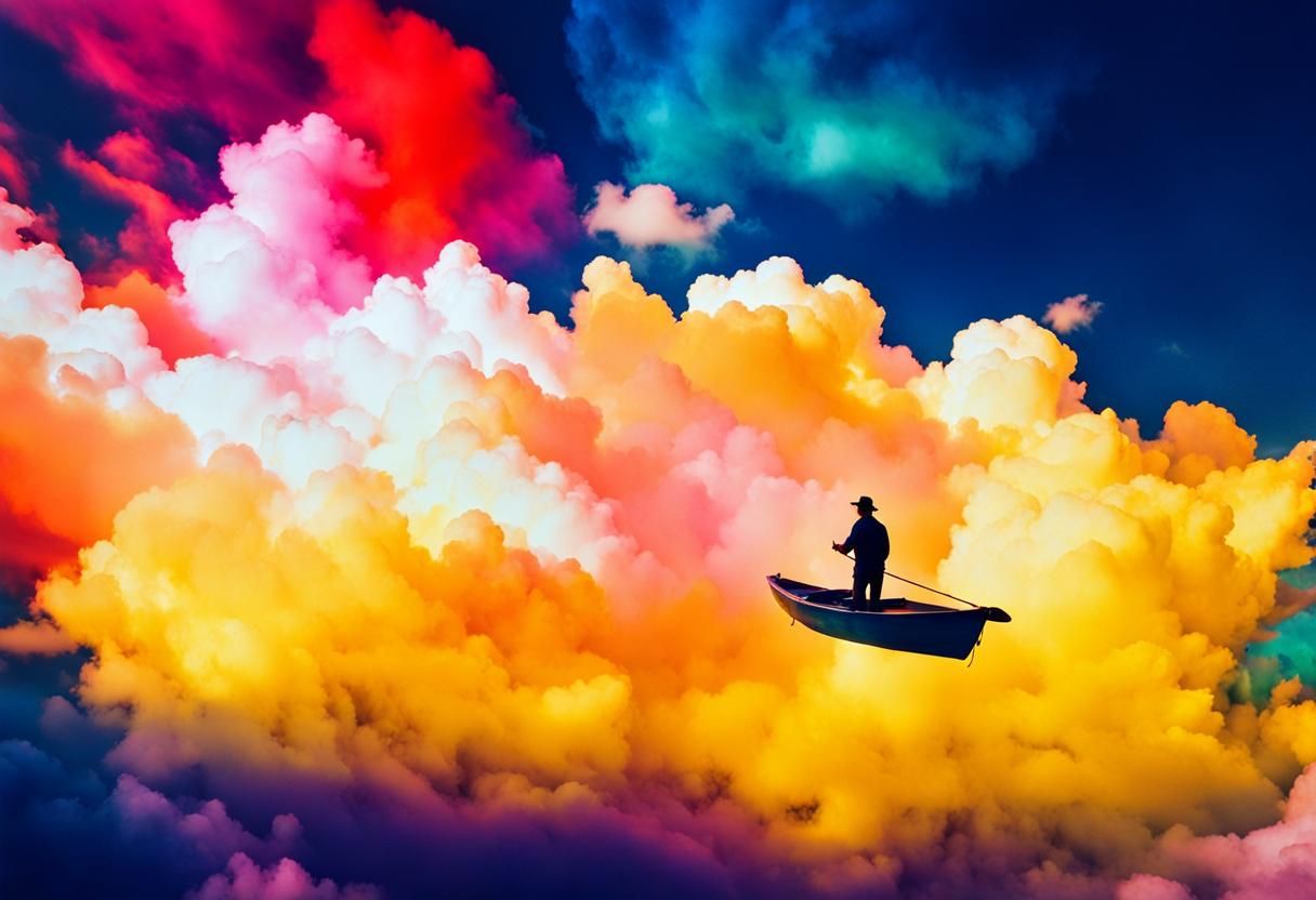 Person Sailing Boat Through Pastel Watercolor Clouds