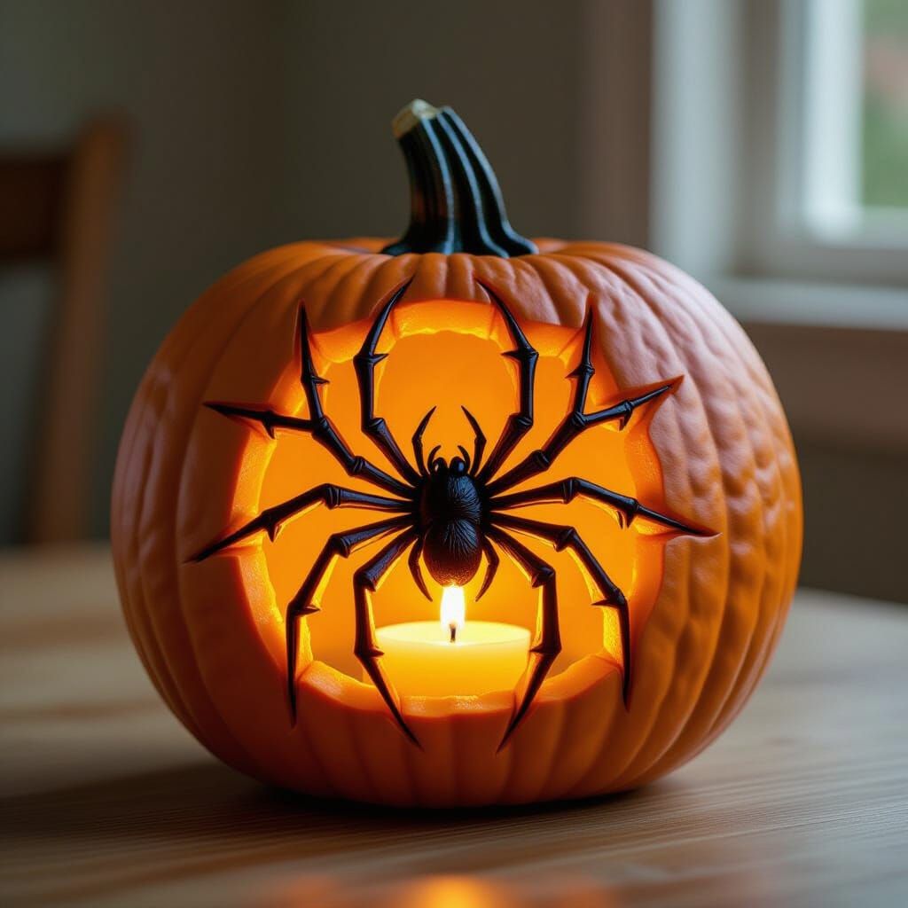 Orange Pumpkin Icon with Spiderweb Carving, Candlelit Glow