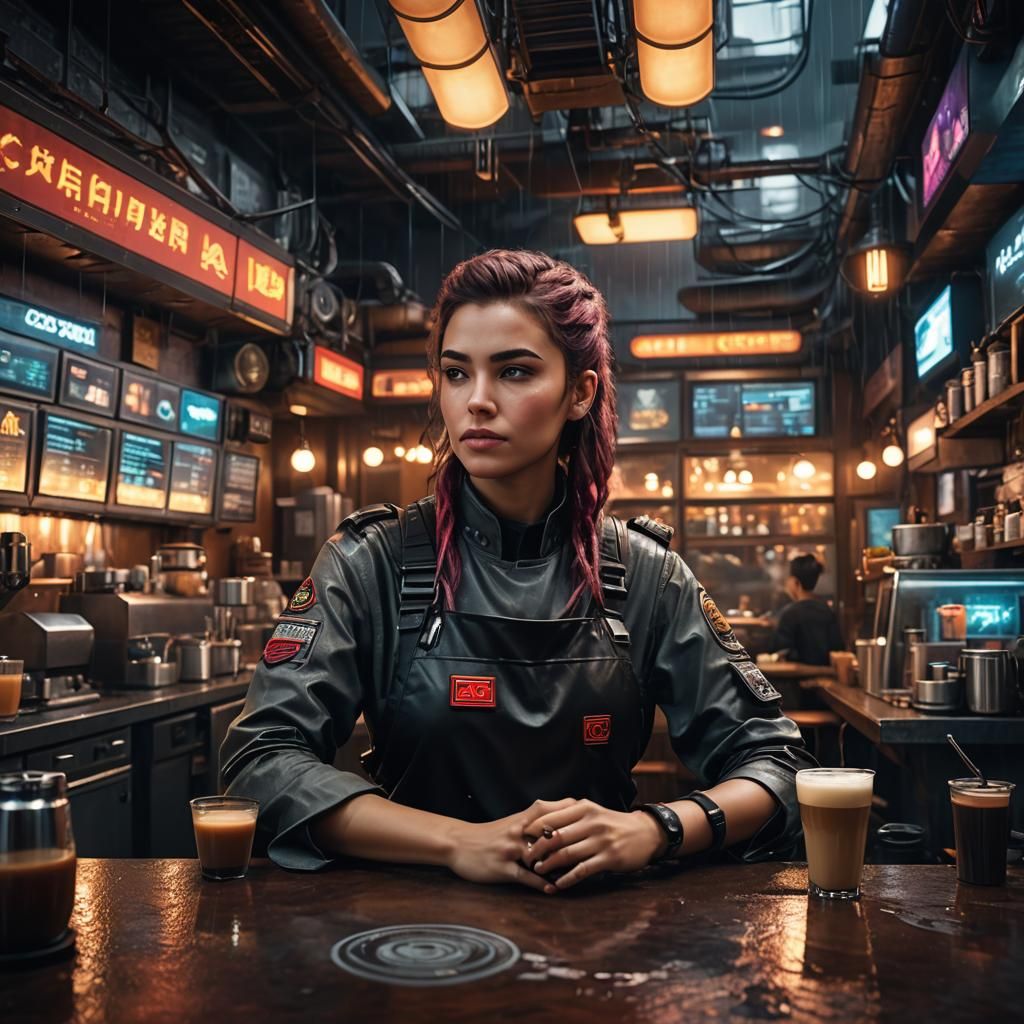 Sci-Fi Barista in Cyberpunk Coffeehouse: Digital Matte Paint...