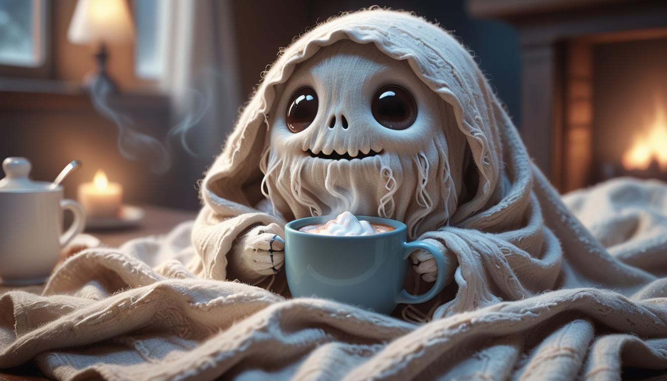 Cute, scary, A tiny ghost wrapped in a cozy blanket, holding...