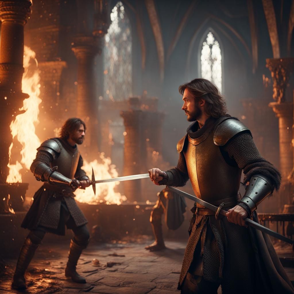 Knights Sword Fighting in Burning Castle Room