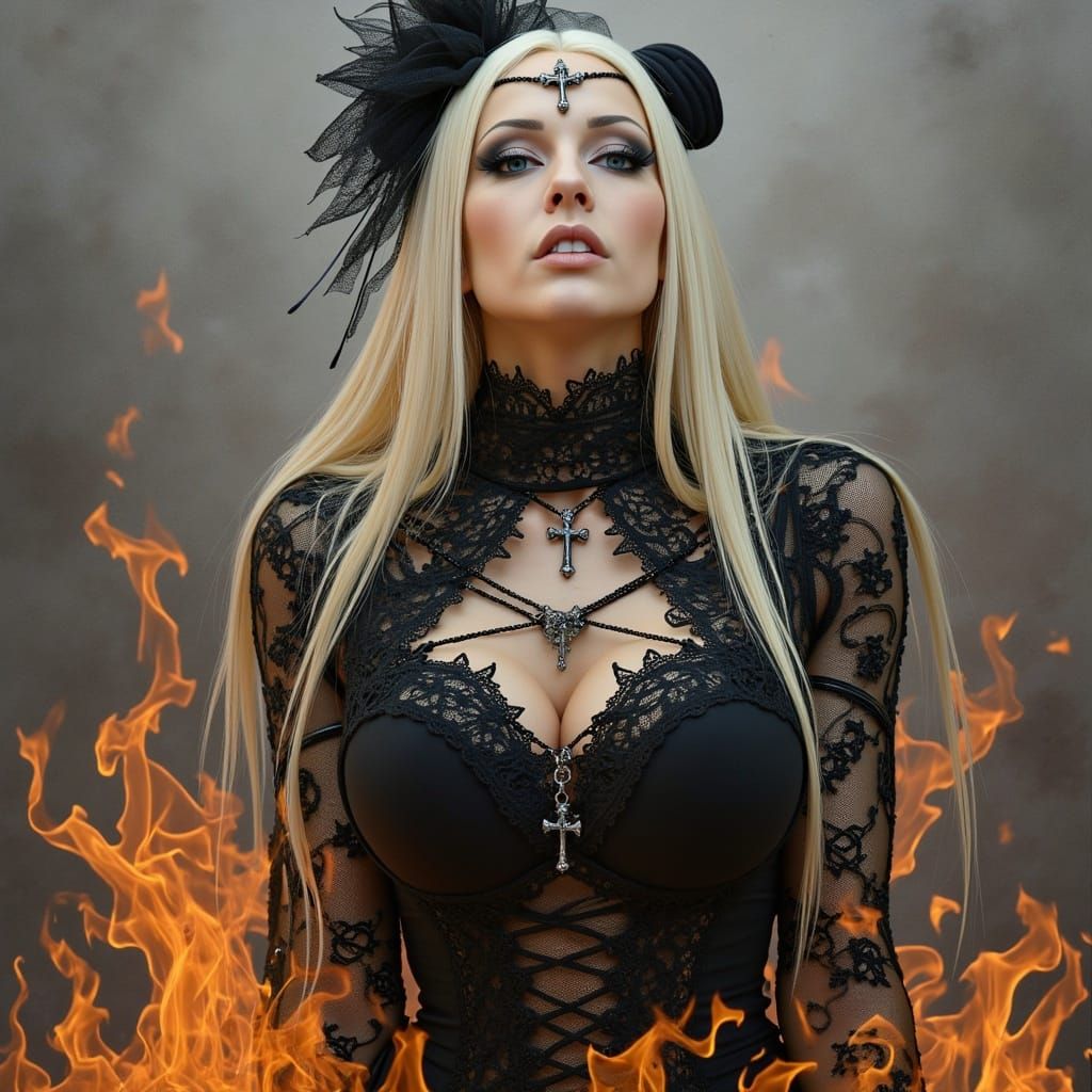 Gothic Woman in Dark Inferno, Charcoal Drawing Style