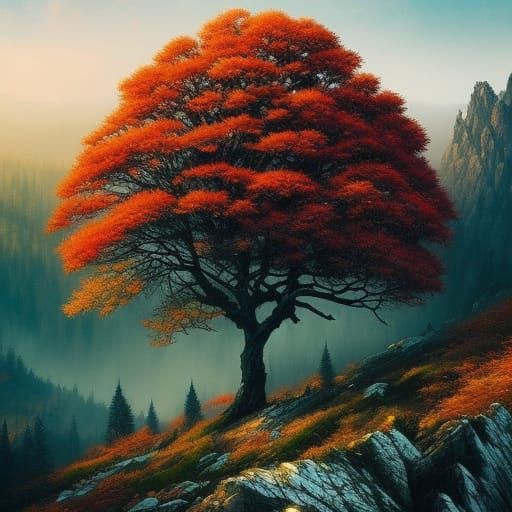 Tree on Mountain in Maximalist Digital Painting Style