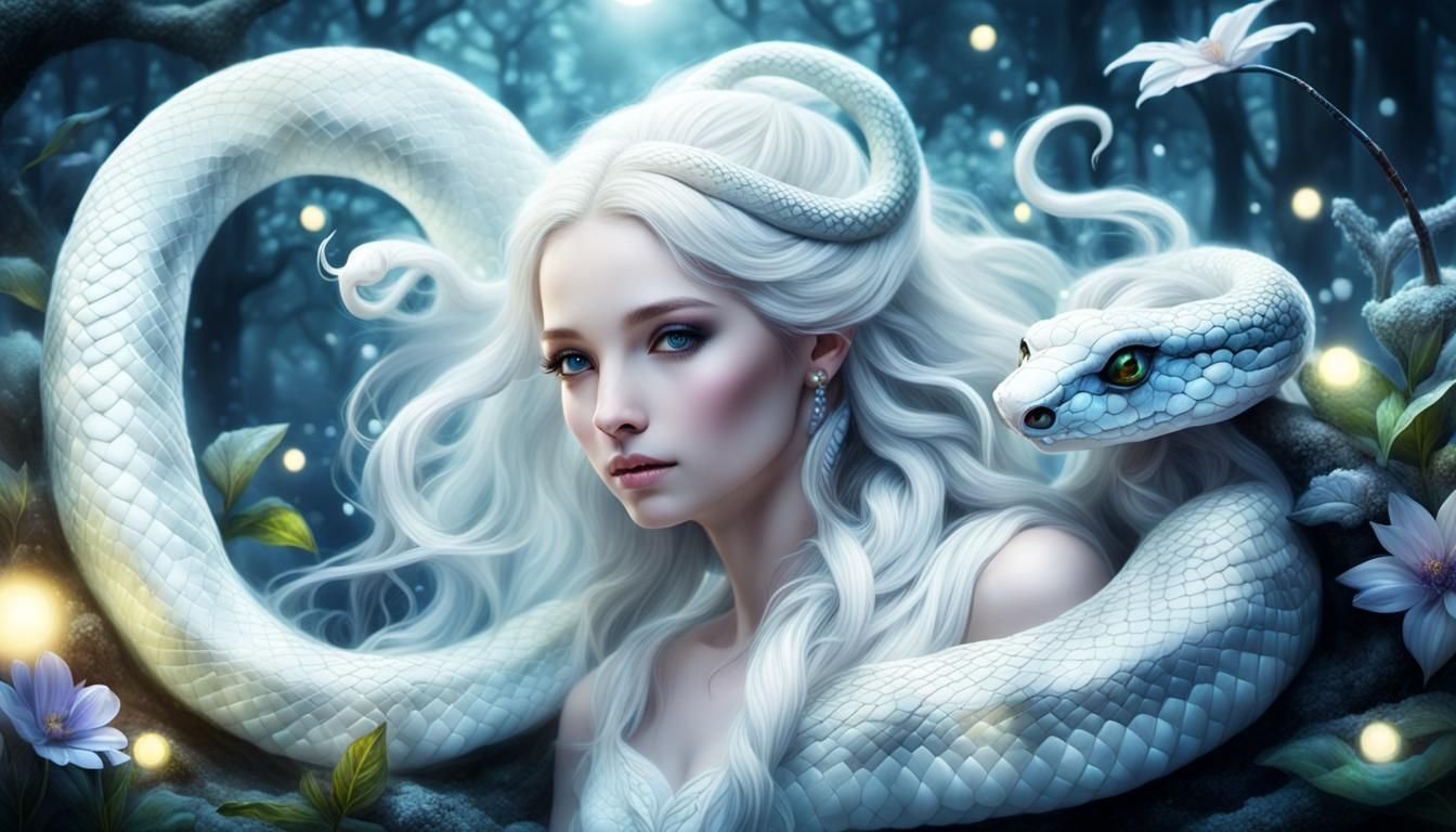 Ethereal White Snake in a Magical Fantasy Scene