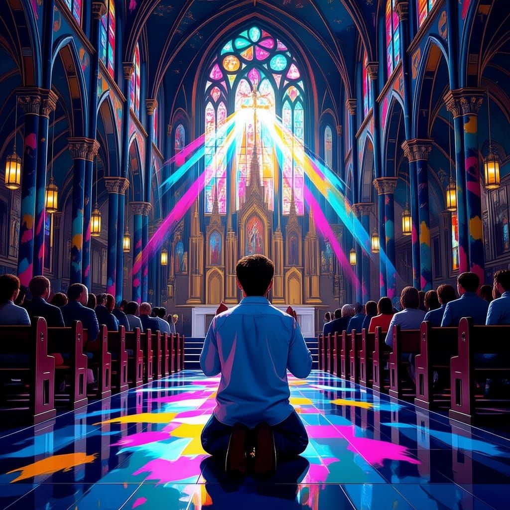 Young Man Prays at Church Altar with Stained Glass