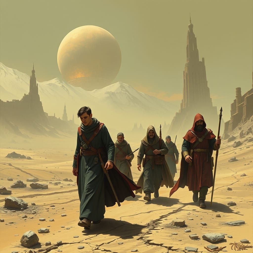 Post-Apocalyptic Pilgrims in a Futuristic Desert Landscape