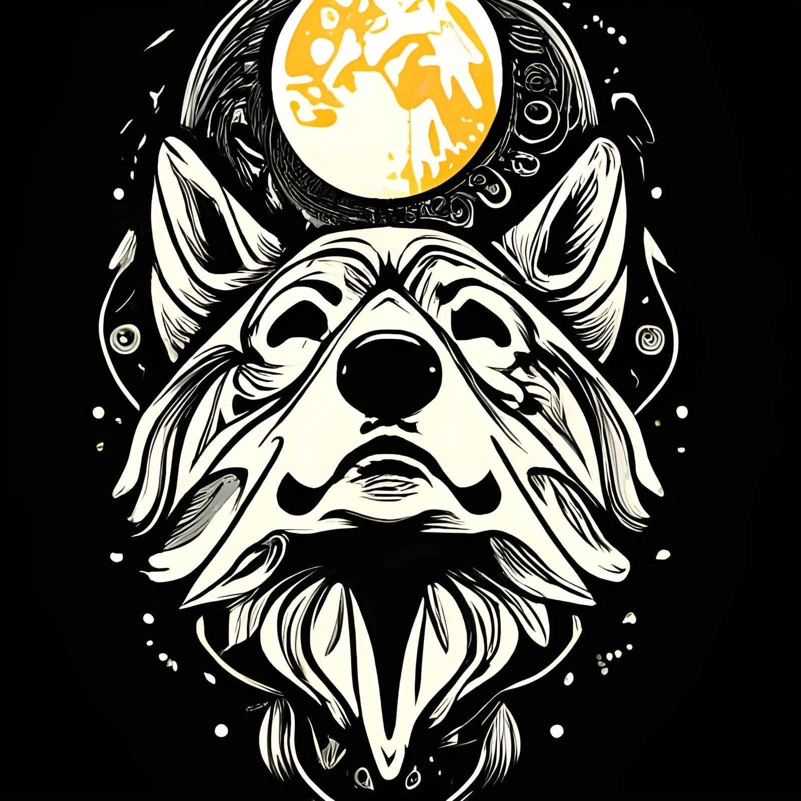Wolf Head Gazing at Moon in Tribal Art Style