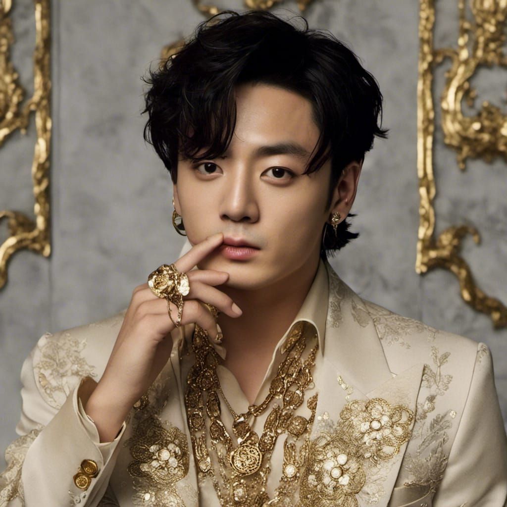 Billionaire, intricately detailed silk garments with gold adornments, excessive rings and jewellery, close-up portrait o...