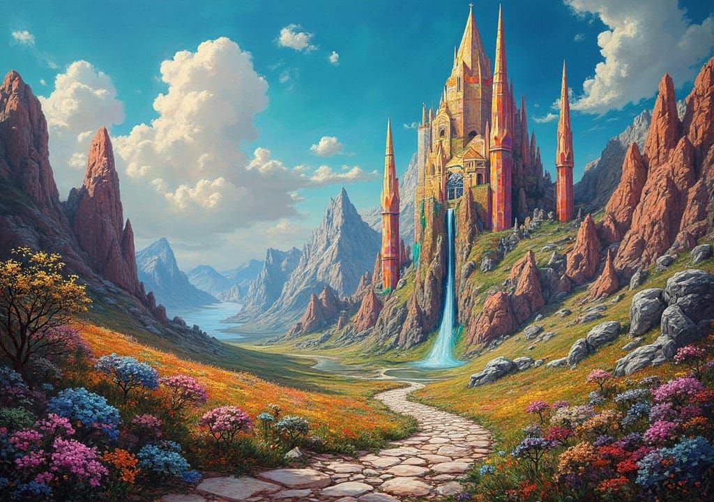 Surreal Landscape with Crystal Spires, Impasto Painting