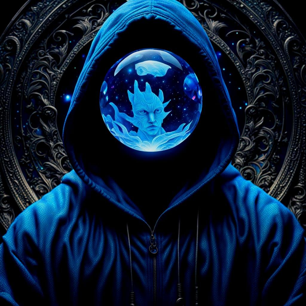 Hooded Man and Crystal Ball in Astral Illustration