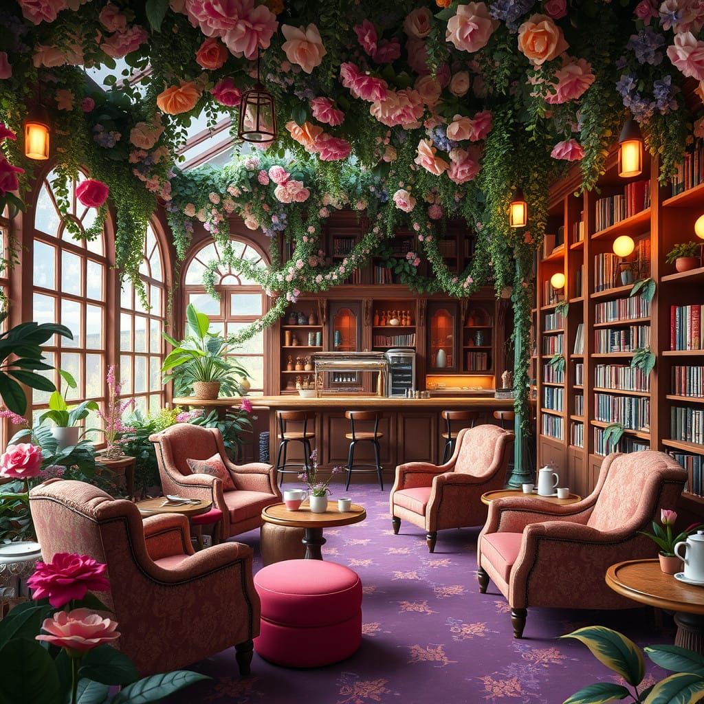 Whimsical Floral Cafe with Plush Armchairs and Vibrant Coffe...