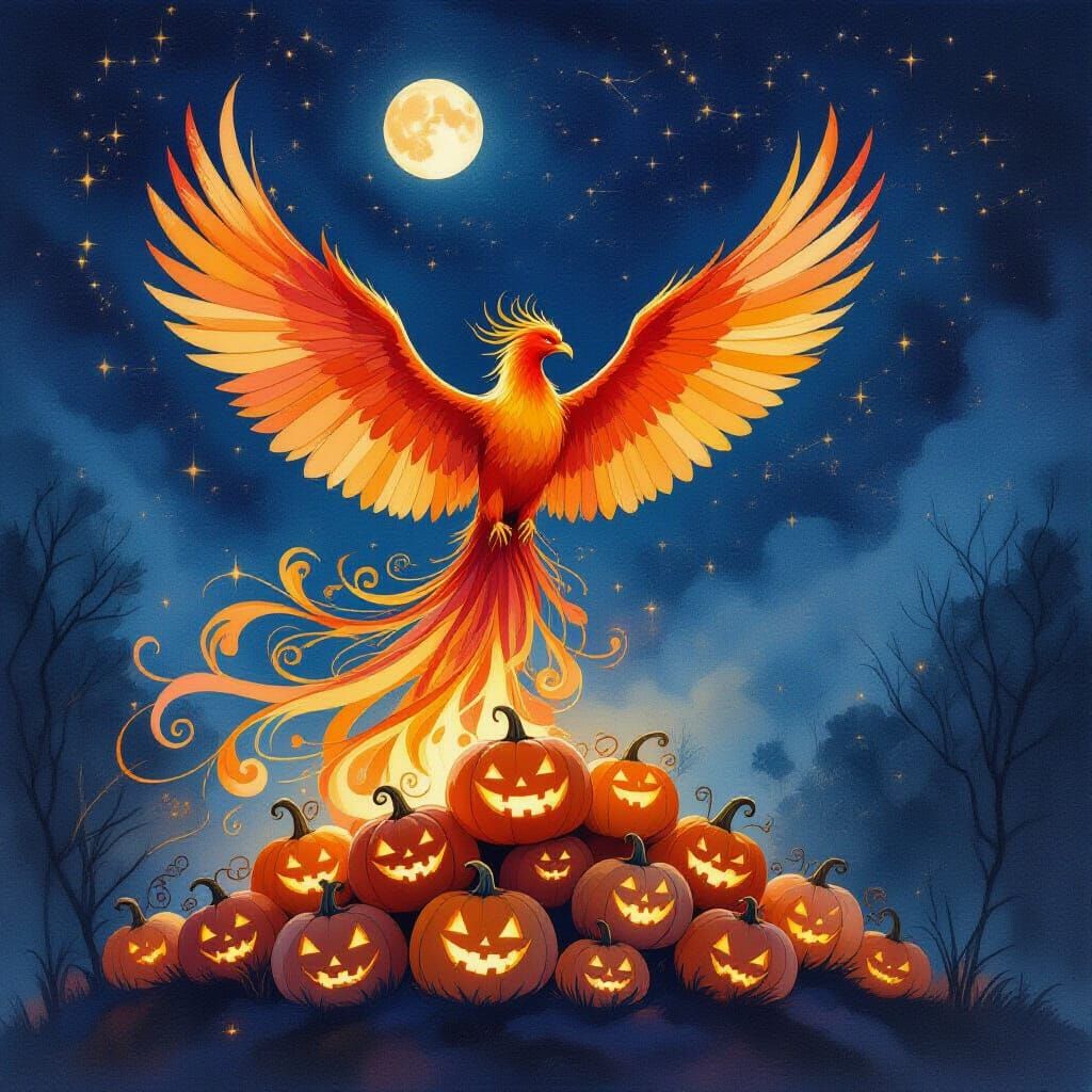 Majestic Phoenix Rises From Glowing Pumpkins in Watercolor S...