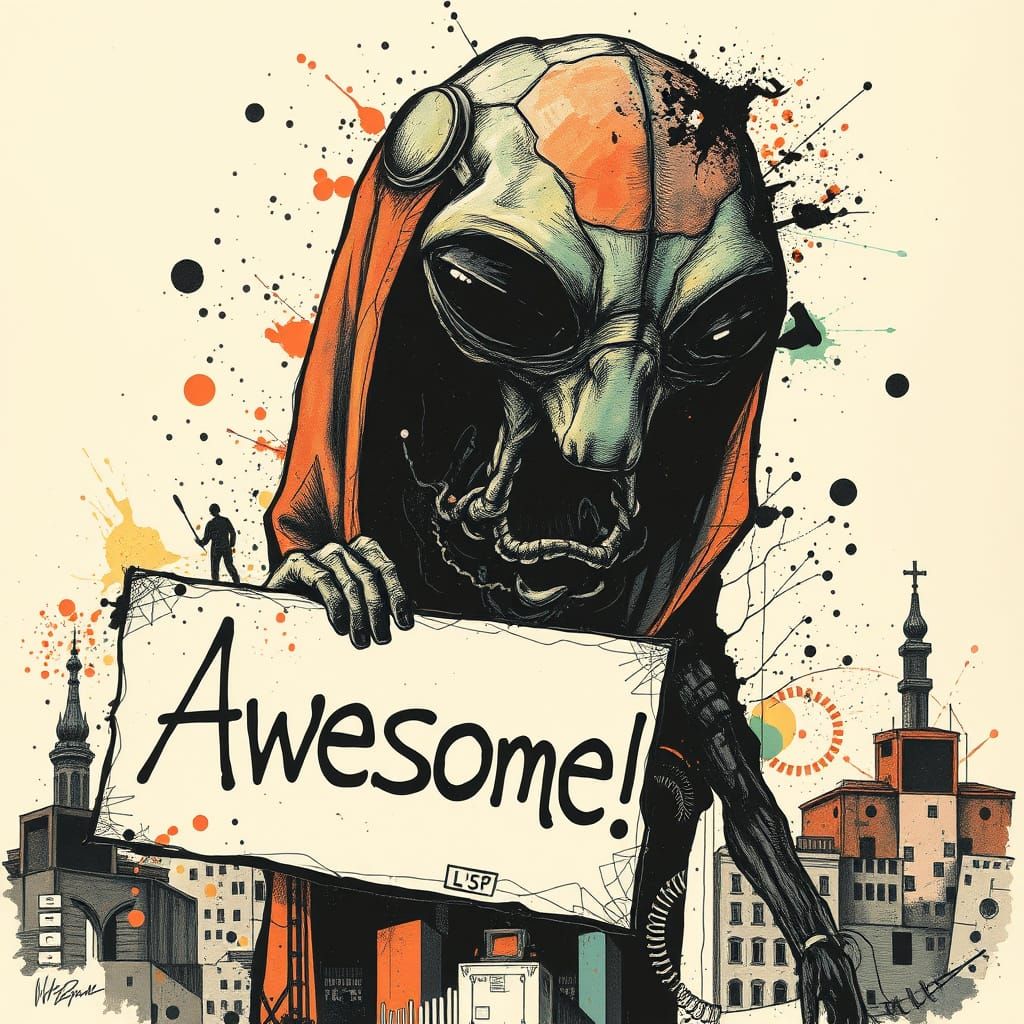 Vibrant Mosaic Alien Signaling in Ink Splash Style