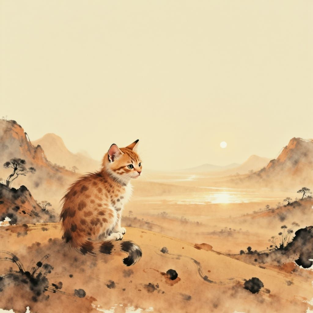 Tiny Kitten's Desert Journey in Minimalist Digital Art