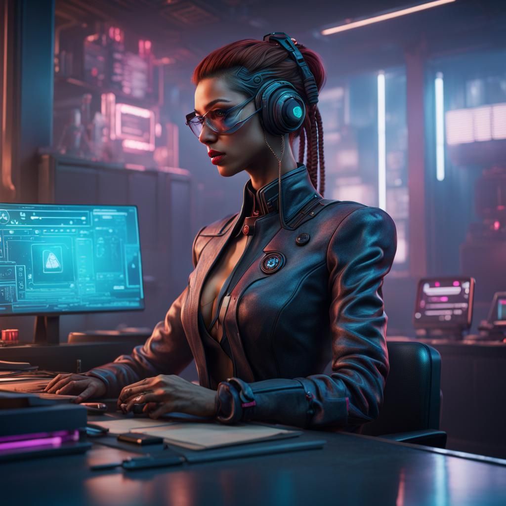 Cyberpunk Receptionist in Detailed Matte Painting