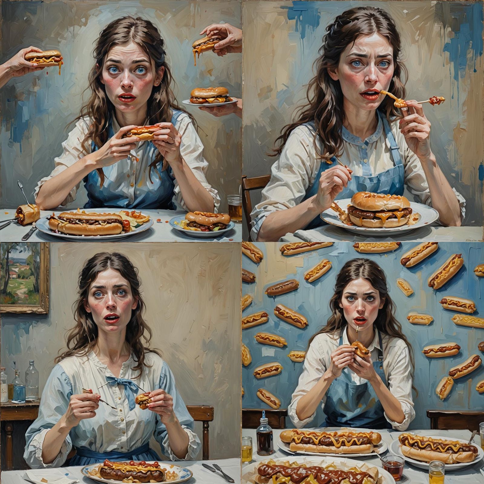 Disgusted Girl Eating Hotdog as Impressionist Oil Painting