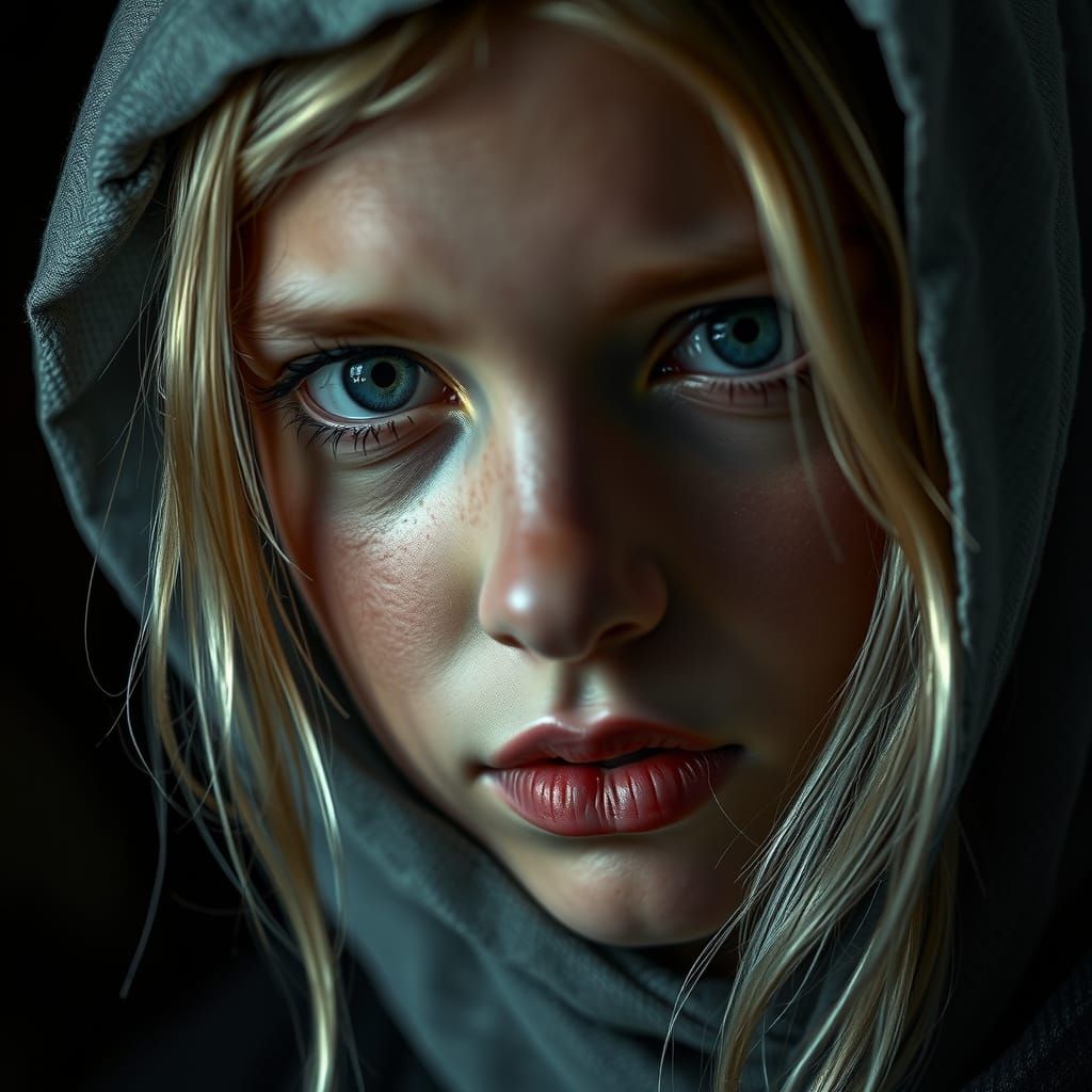 Hyperrealistic Portrait of Innocent Youth in Film Noir Style