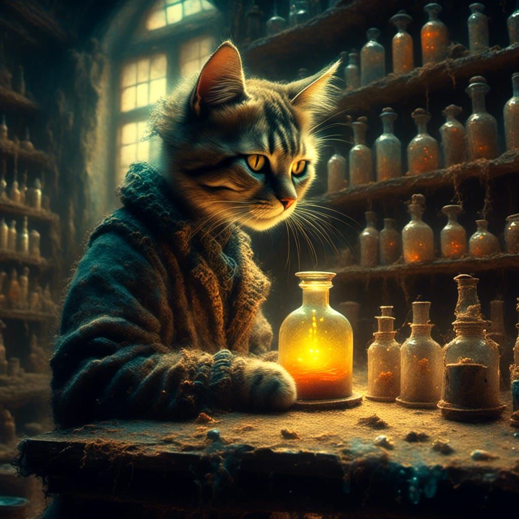 Cute Cat Holds Glowing Potion in Ancient Lab