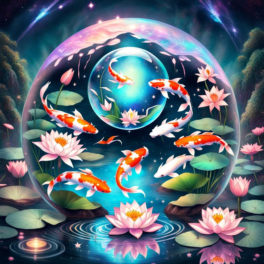 Koi and Lotus in Starry Orb: Cosmic Mixed Media
