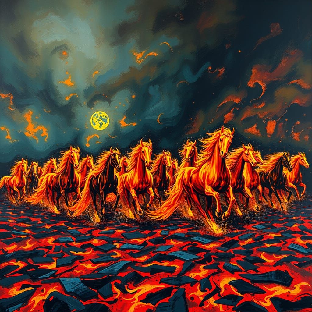 Fiery Horses Gallop Across a Burning Landscape in Dynamic Ex...