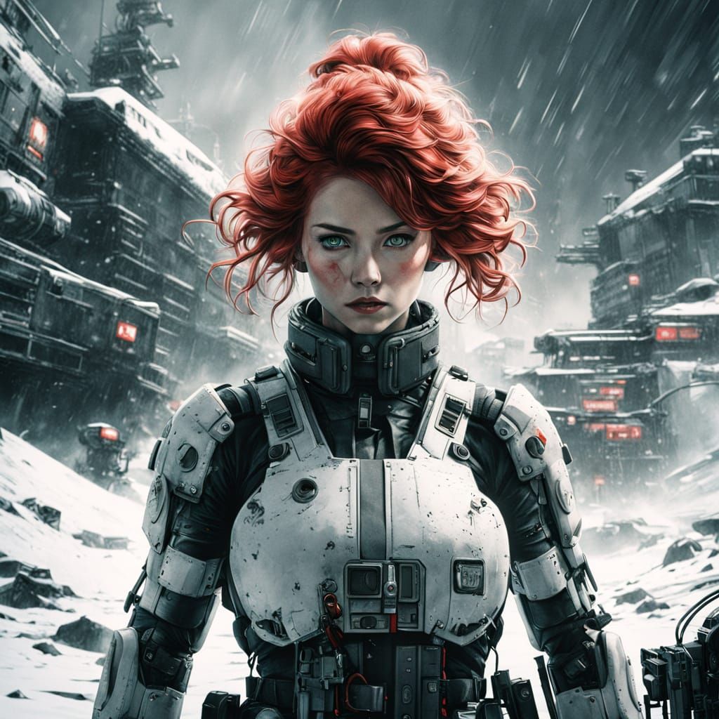 Redhead Sniper in Arctic Blizzard, Retro-Futuristic Style