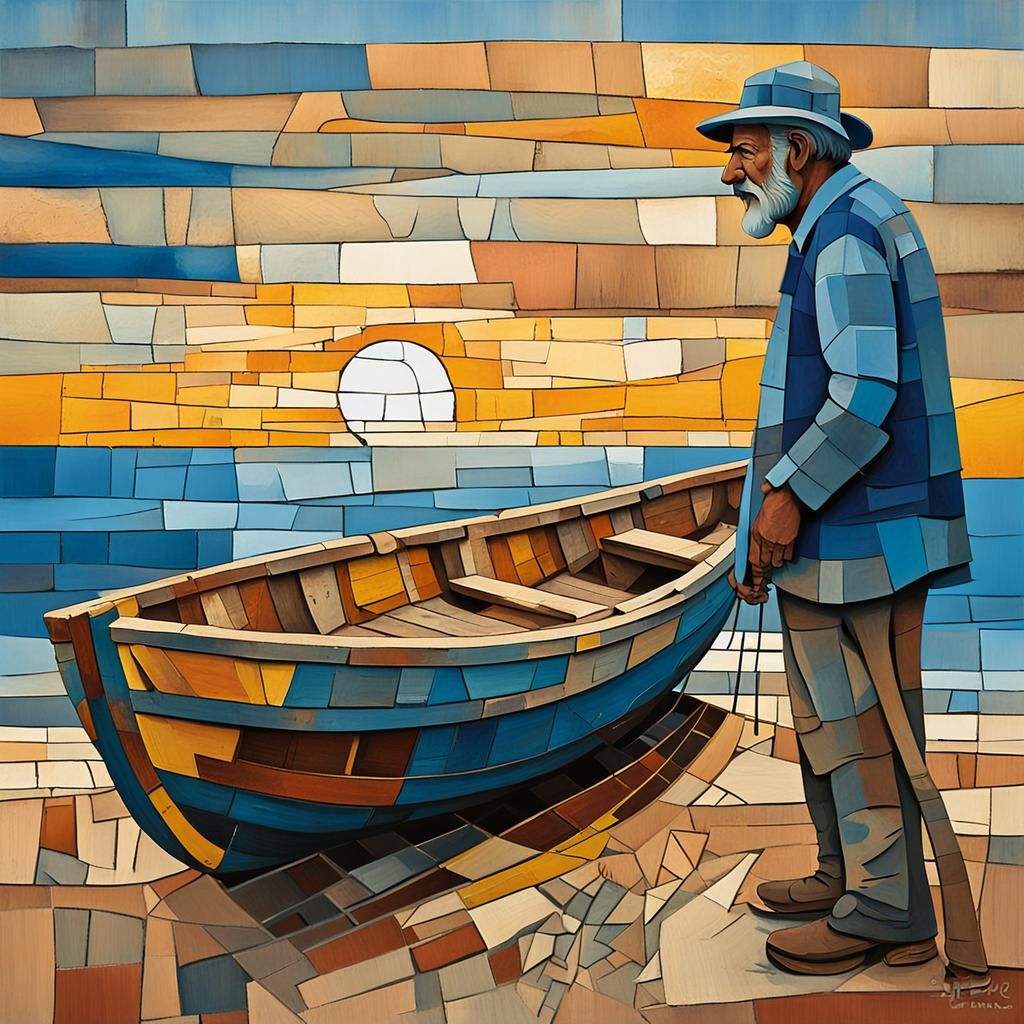 Spanish Fisherman in Cubist Style on Valencia Beach