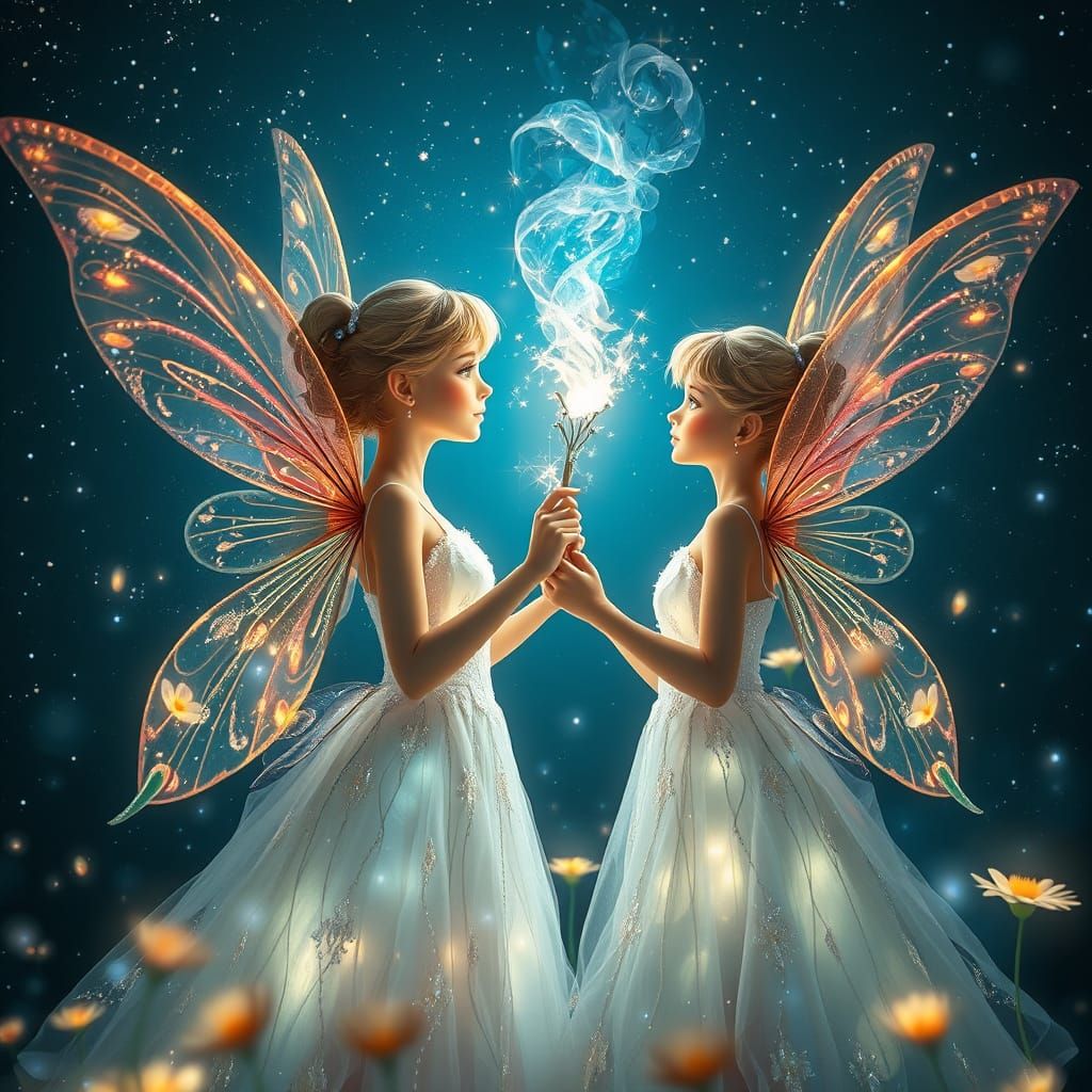 Realistic Fairies Shine Under Celestial Night Sky