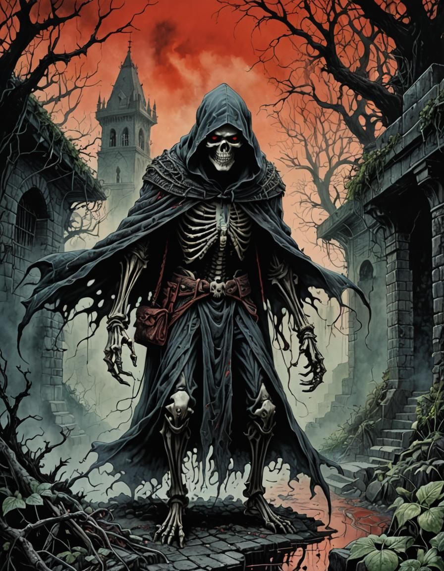 Eerie Cloaked Skeleton Figure in a Dark Fantasy Scene