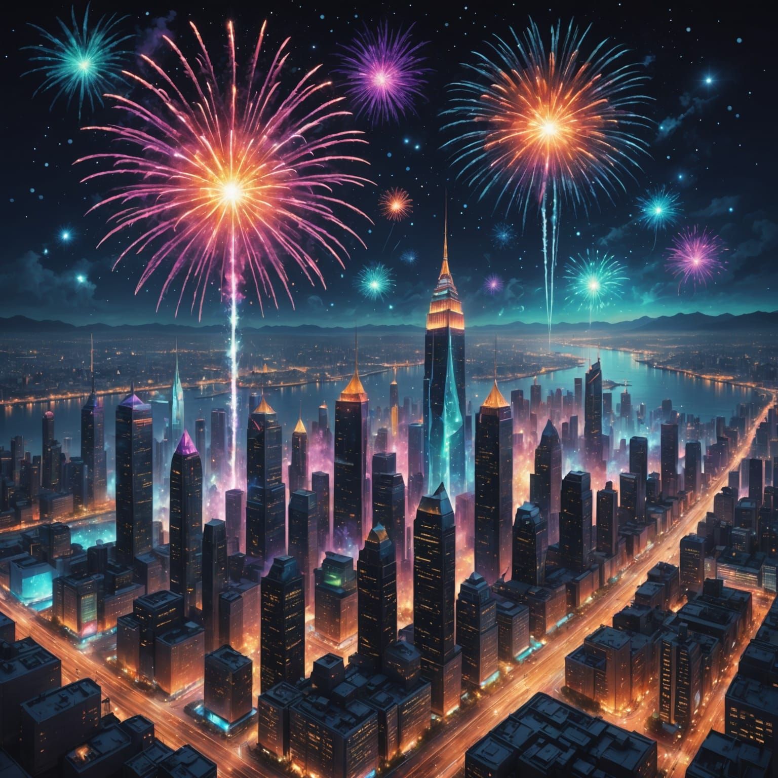 Cosmic Night Cityscape in Vibrant Holographic Colors