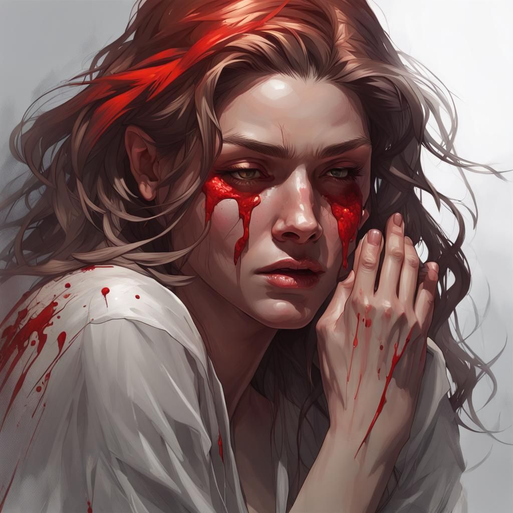 Woman Crying Tears of Blood: Hyperdetailed Portrait