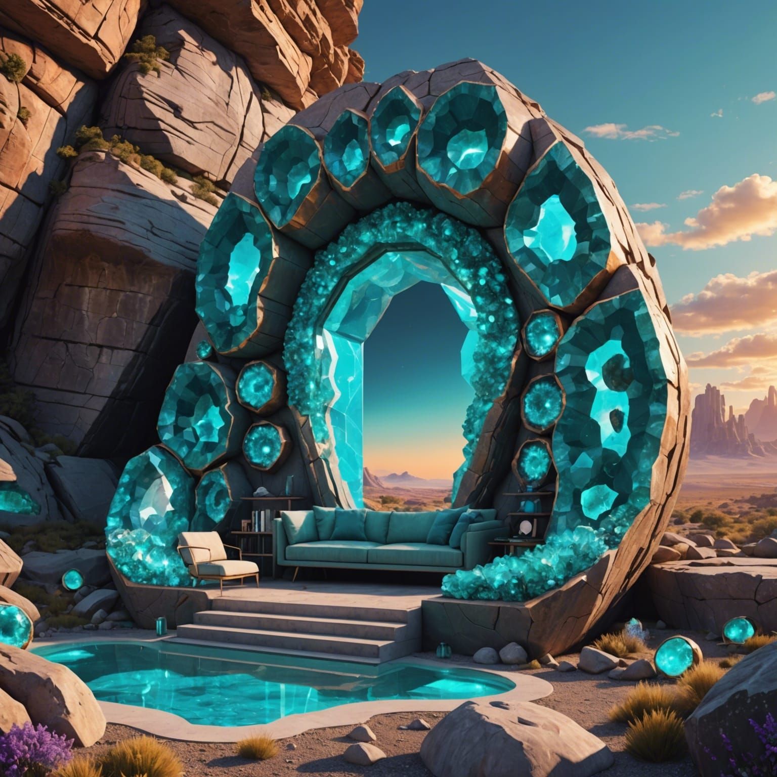 Futuristic Turquoise Geode Home at Sunset