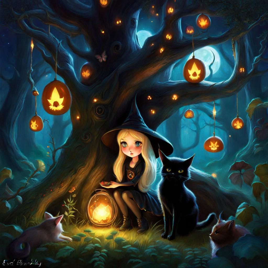 Enchanted Forest: Witch, Cat, and Magical Tree
