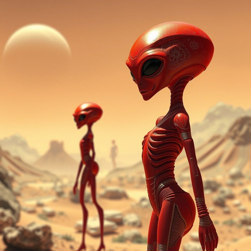 Red Female Aliens on Mars Surface