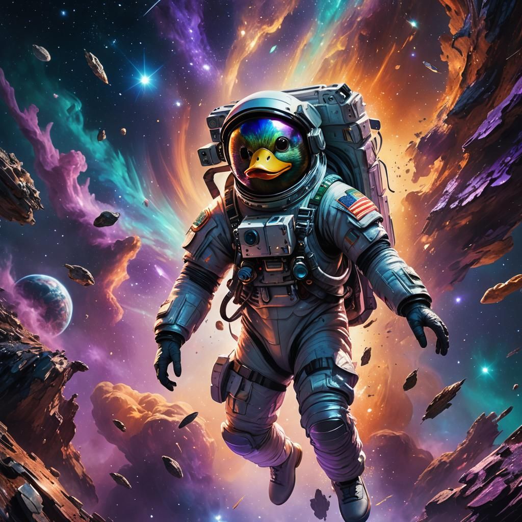 Astronaut Duck Spacewalk in Vibrant Digital Painting