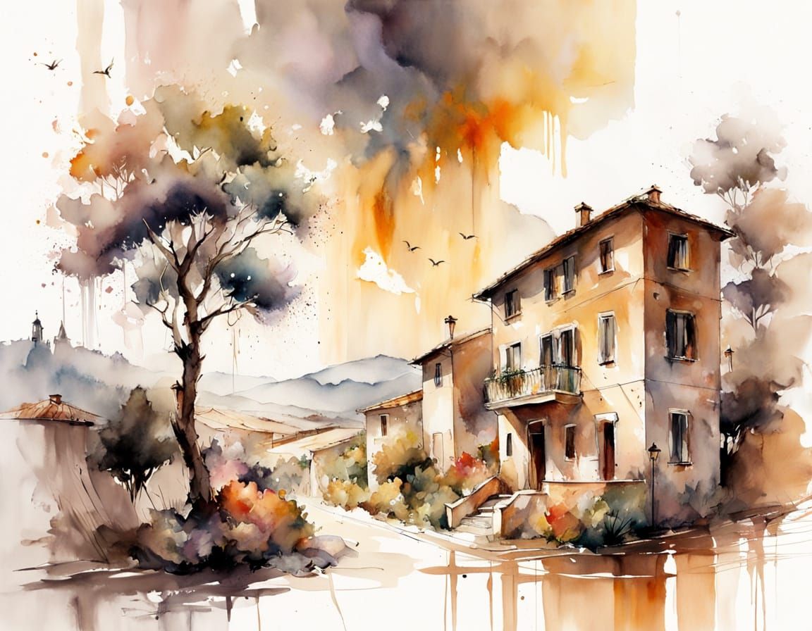 Tuscan Vineyard in Watercolor Ink Wash