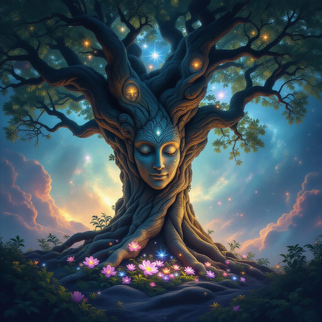Ancient Cosmic Tree with Wise Faces in Nebula