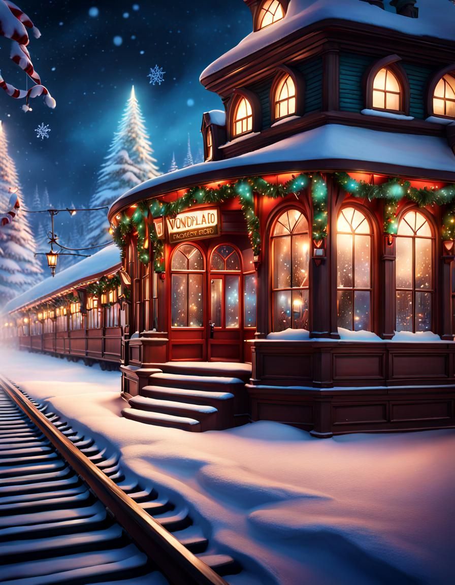 Steampunk Christmas Train Station in Winter Wonderland