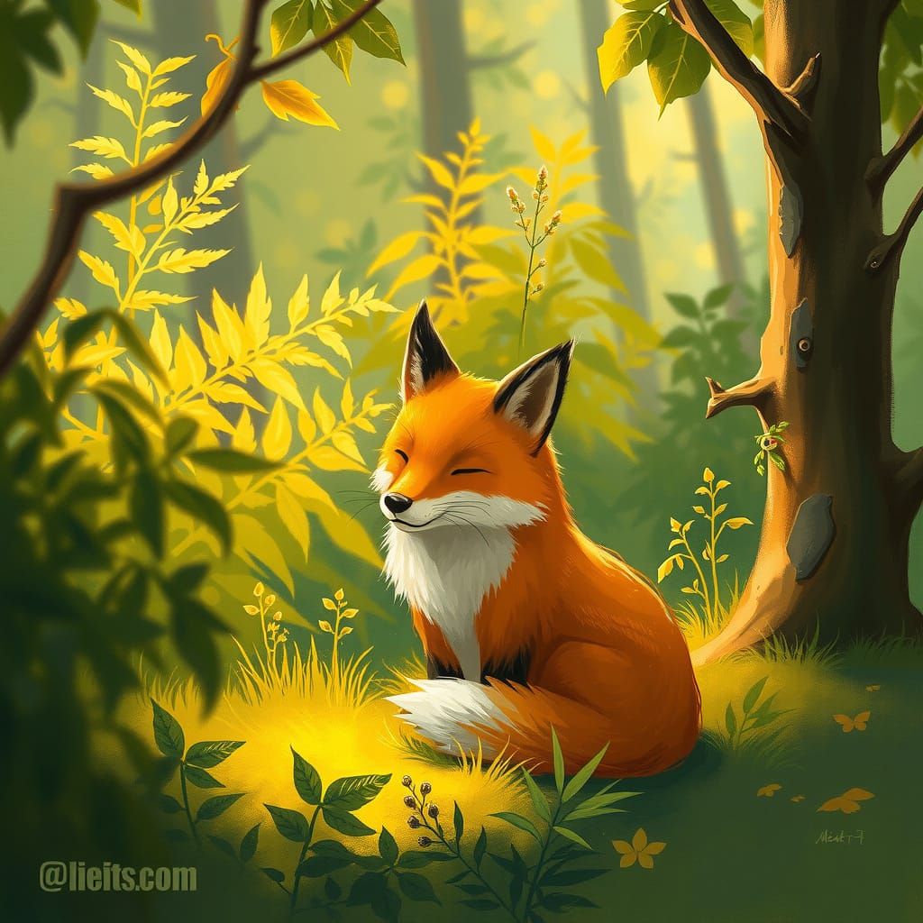 Serene Fox in Lush Greenery, Whimsical Art