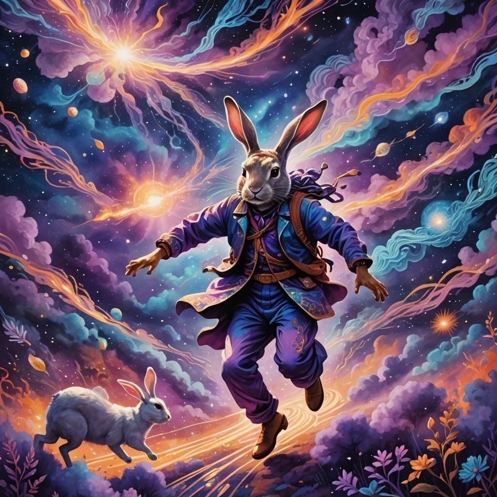 Cosmic Rabbit Chase: A Holographic Mixed Media Illustration