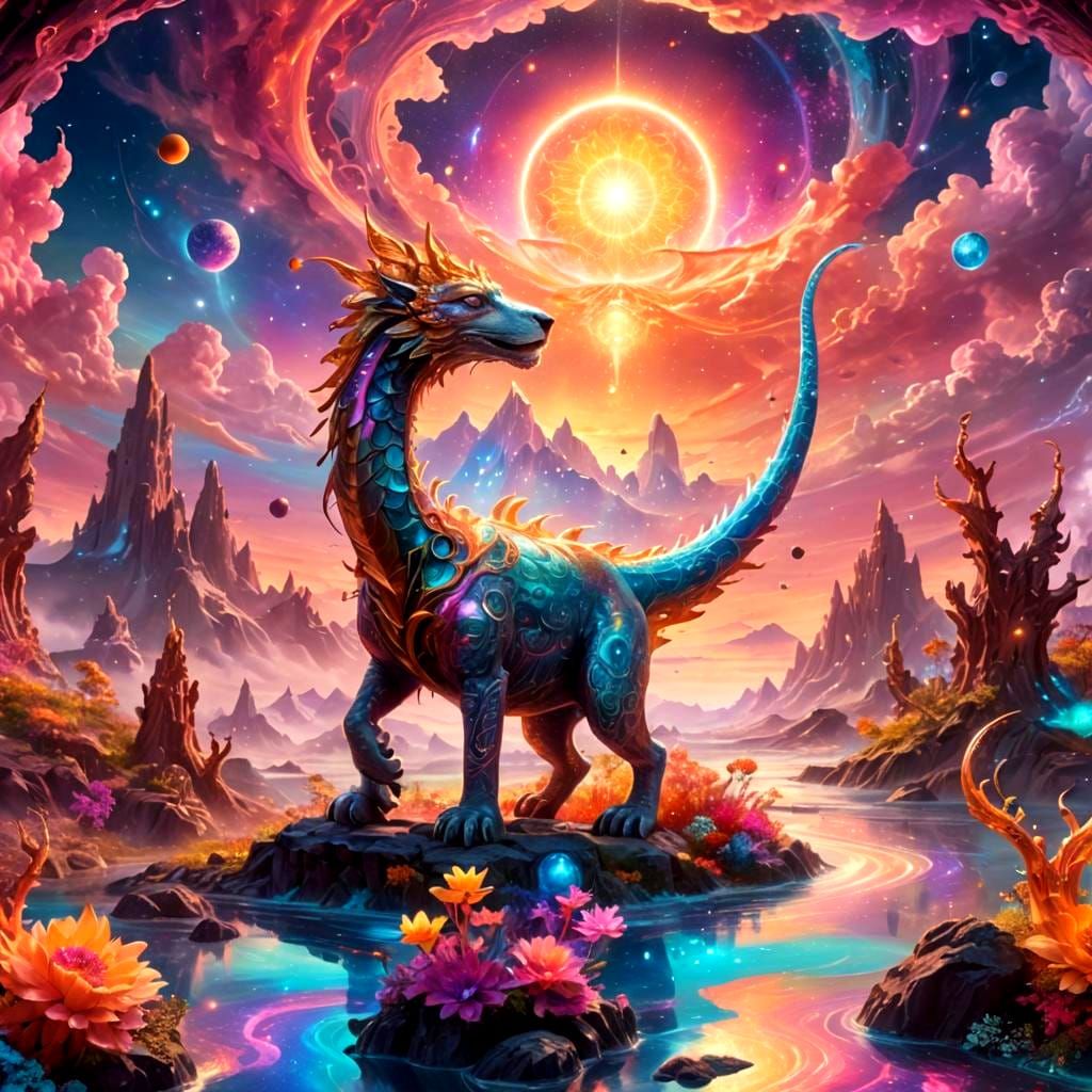 Holographic Cosmic Astral Illustration in Mixed Media