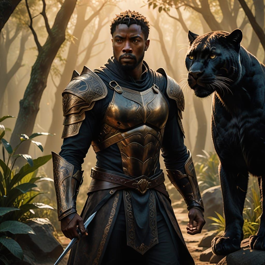 Elegant Warrior Stands with Black Panther in Vibrant Earthy ...