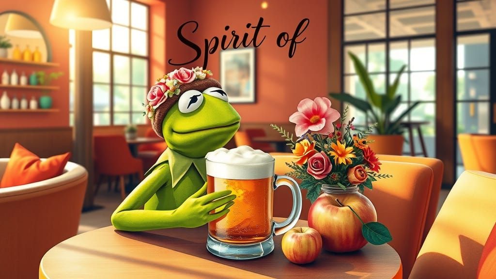 Charming Café Scene with Frog in Floral Attire