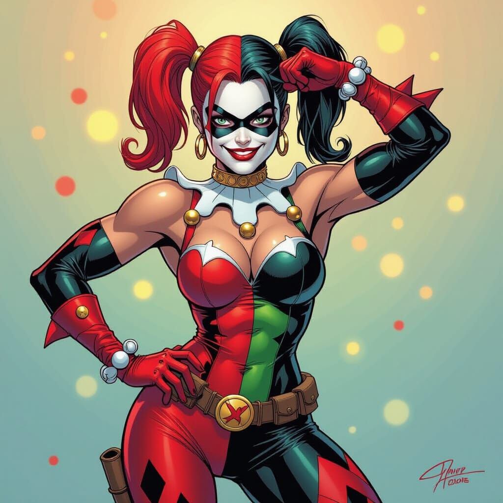 Muscular Harley Quinn in Jester Costume, Comic Art Style
