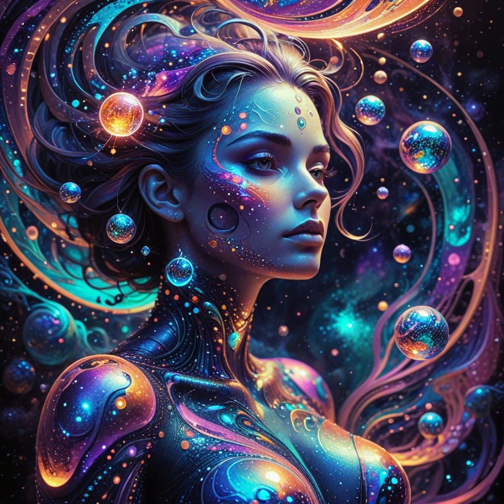Cosmic Goddess Surrounded by Planets in Fractal Art