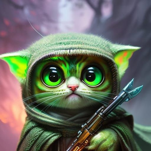 Insanely detailed photograph of an cute, jedi, Baby Yoda kitten, wearing tan robe, holding Glowing Emerald, light saber,...