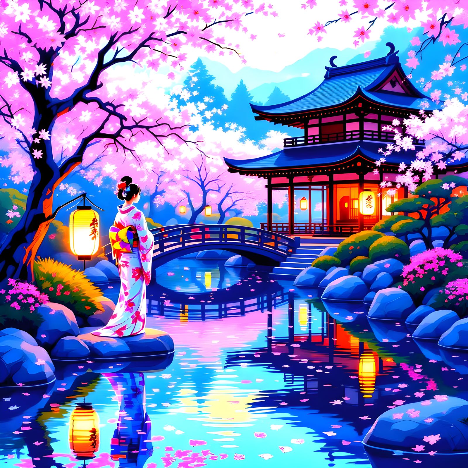 Serene Japanese Garden at Dusk in Art Deco