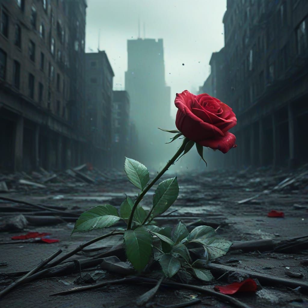 Crimson Rose Blooms in Abandoned Futuristic Cityscape