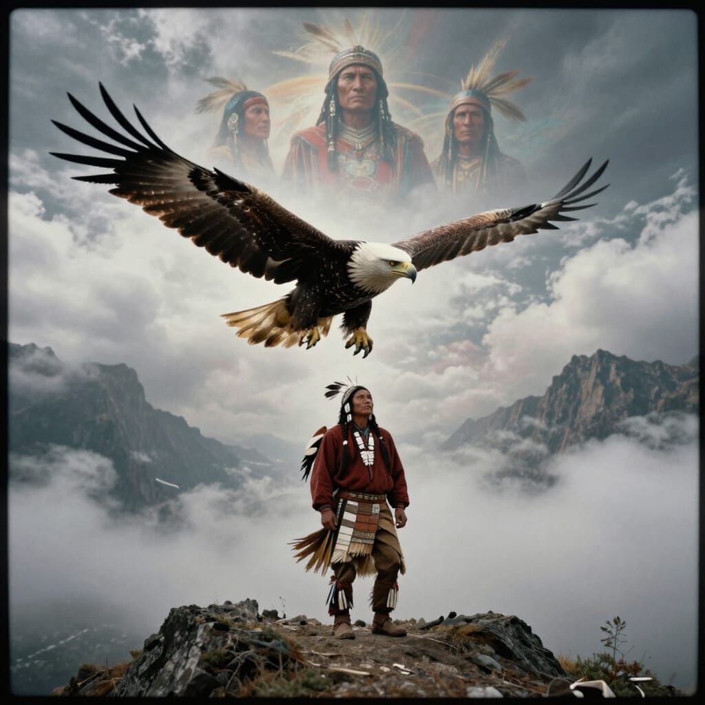 Native American Warrior and Eagle with Ancestors Above