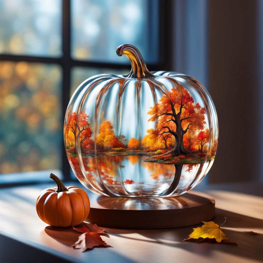 Glass Pumpkin Autumn Scene: Hyperrealistic Splash Art
