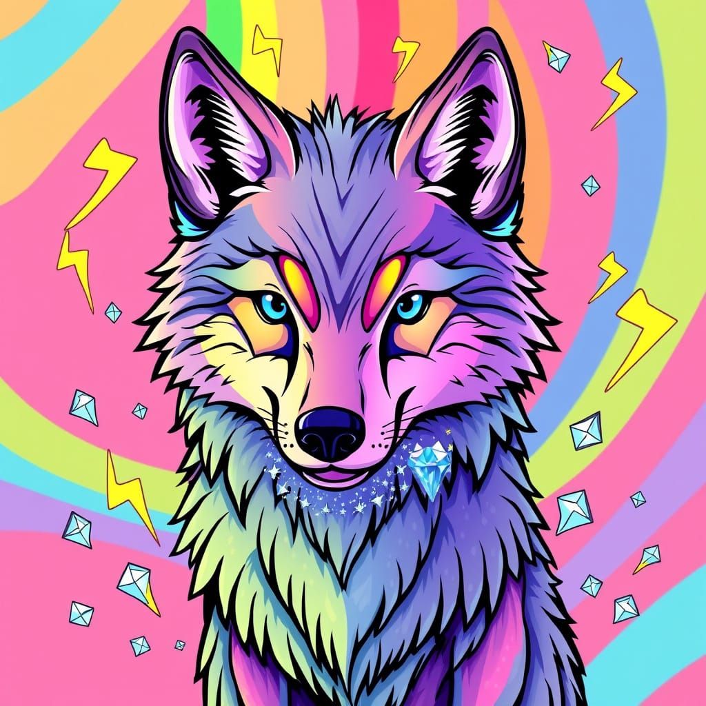 Rainbow Wolf with Lightning in Lisa Frank Style